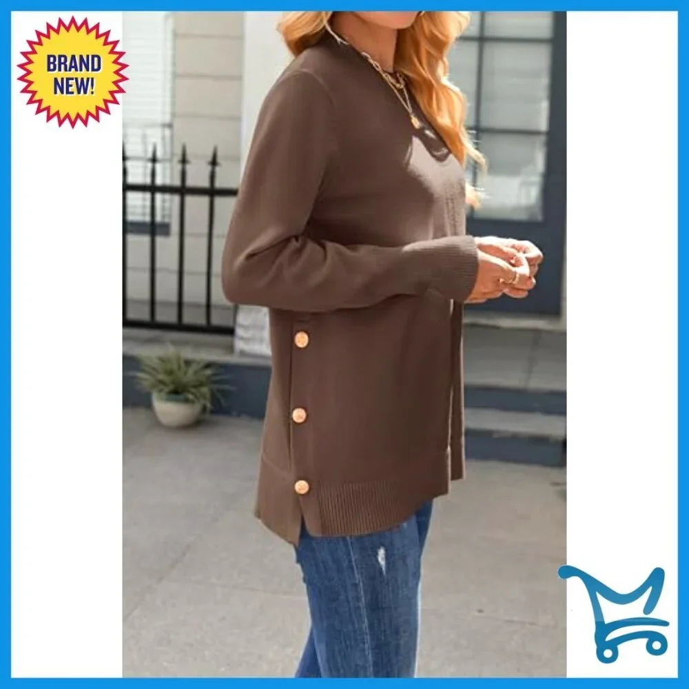 Loose Knit Side Button Pullover Sweater Tunic Length Casual Chic Fall Fashion